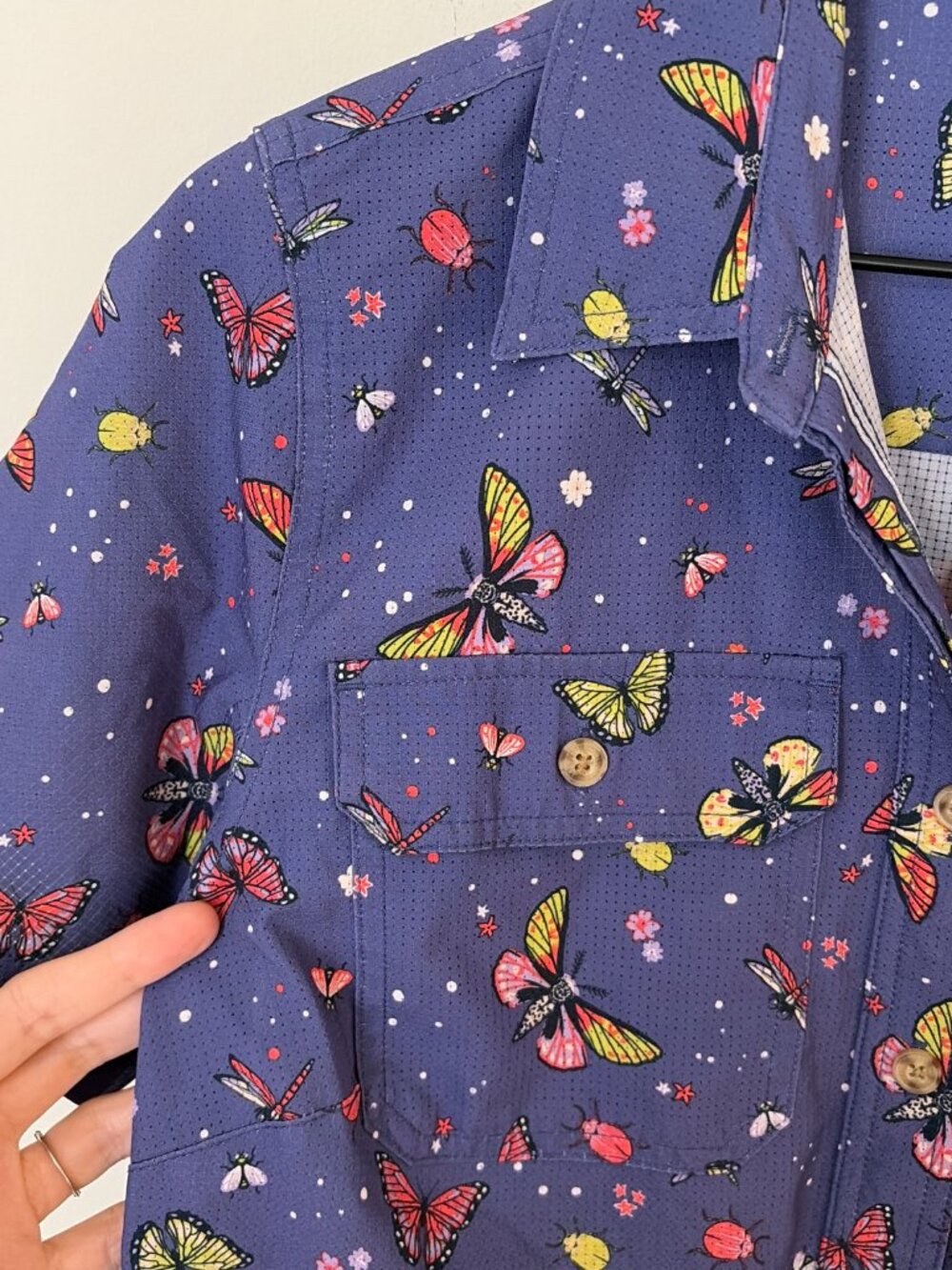 Duluth Trading Co Purple Butterfly Bug Print Short Sleeve Shirt - Picture 3 of 7